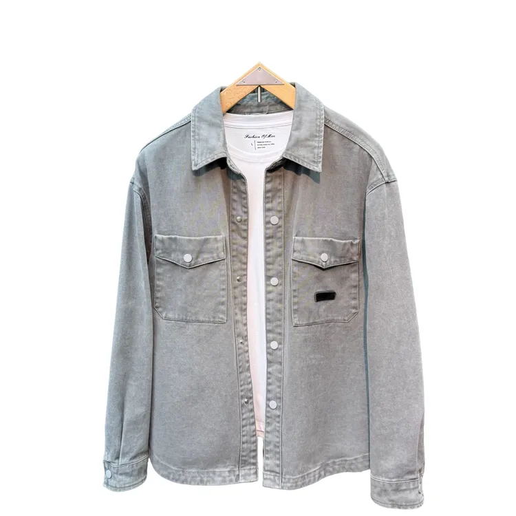 翻驳领男士长袖春秋多口袋衬衫衬衣男装盐系少年感百搭牛仔