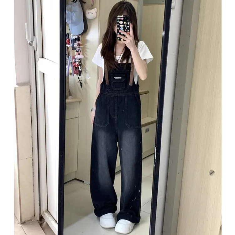 美式黑灰色背带牛仔裤女夏季小个子宽松百搭减龄高腰直筒阔腿长裤