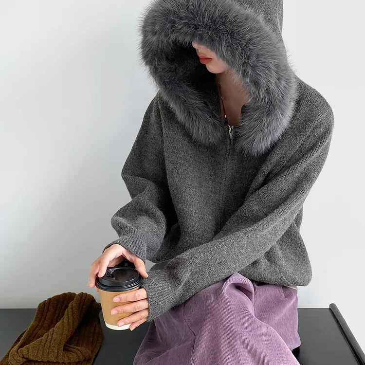 可拆卸毛领连帽拉链毛衣外套女冬季韩系休闲宽松开衫