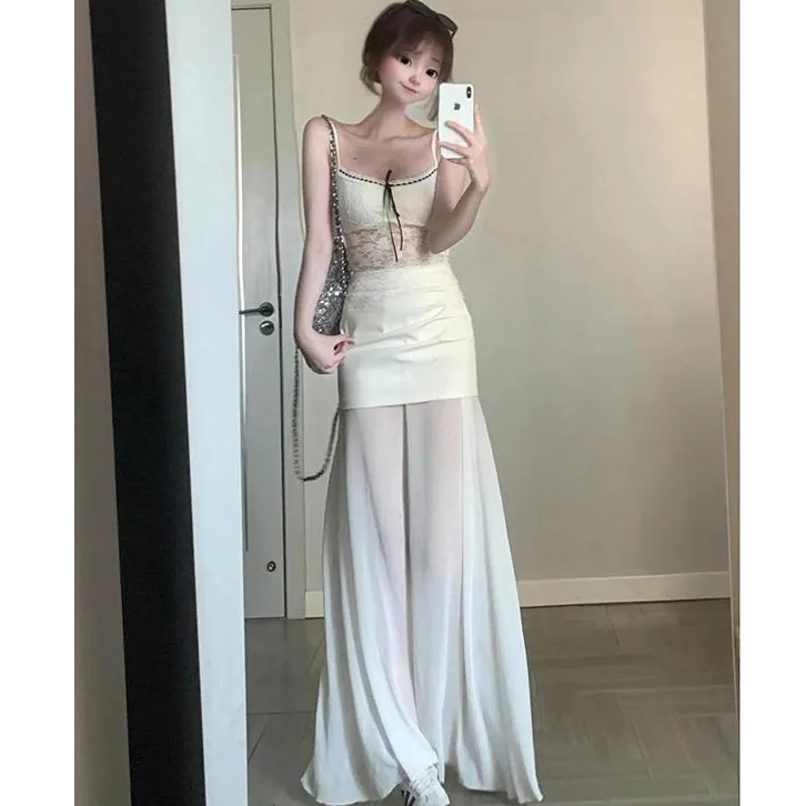 法式性感透视网纱白色半身裙女新款蝴蝶结绑带蕾丝小吊带背心套装