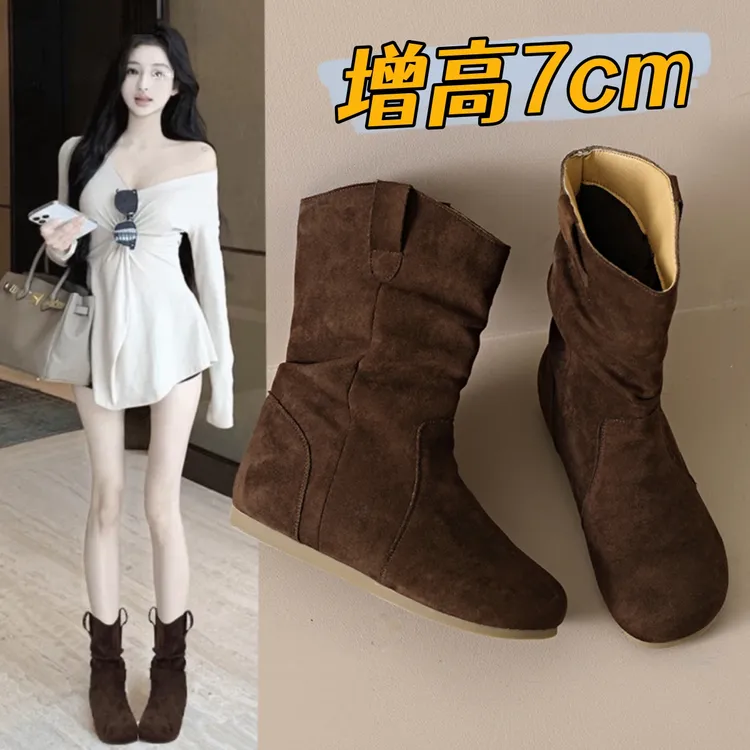 网红复古内增高勃肯短靴子女2025秋冬新款小个子真皮堆堆马丁靴潮