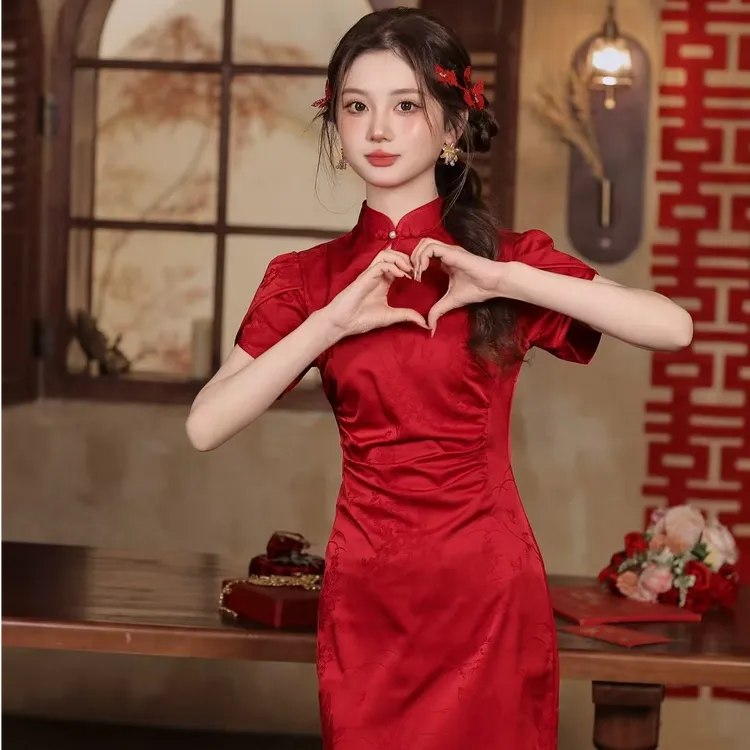 LY红色结婚旗袍敬酒服夏季新款新中式订婚出阁宴礼服裙回门日常
