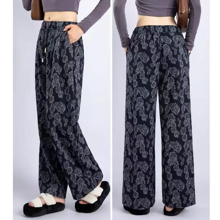 松紧腰透气百搭休闲裤宽松印花裤2025年秋季腰果花阔腿裤垂感长裤