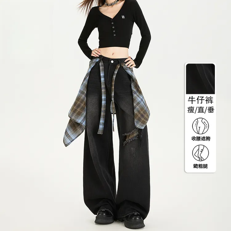 黑色阔腿工装牛仔裤女2025年秋季新款美式高腰宽松降落伞兵裤子