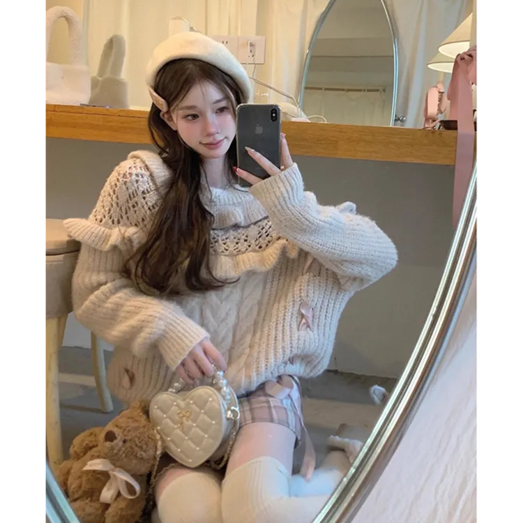 秋冬新款昭和千金甜美设计感针织毛衣格纹半裙显瘦套装
