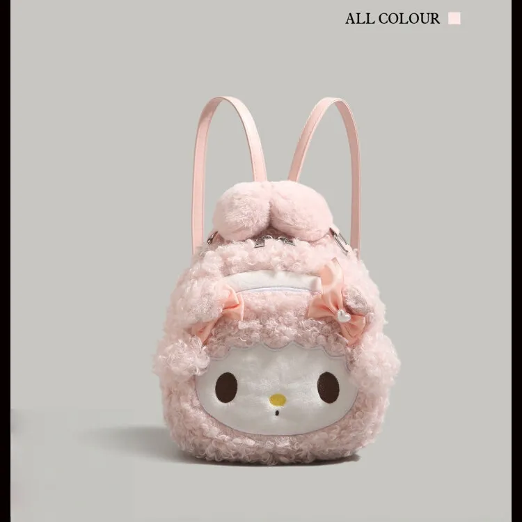CHR&AS粉色小羊毛绒双肩包女2025新款冬大学生通勤背包卡通手提包