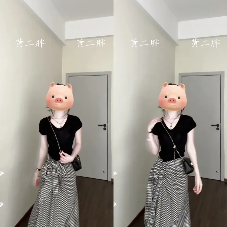 黑色V领修身短袖T恤女复古高腰系带格子半身裙两件套2025夏季新款