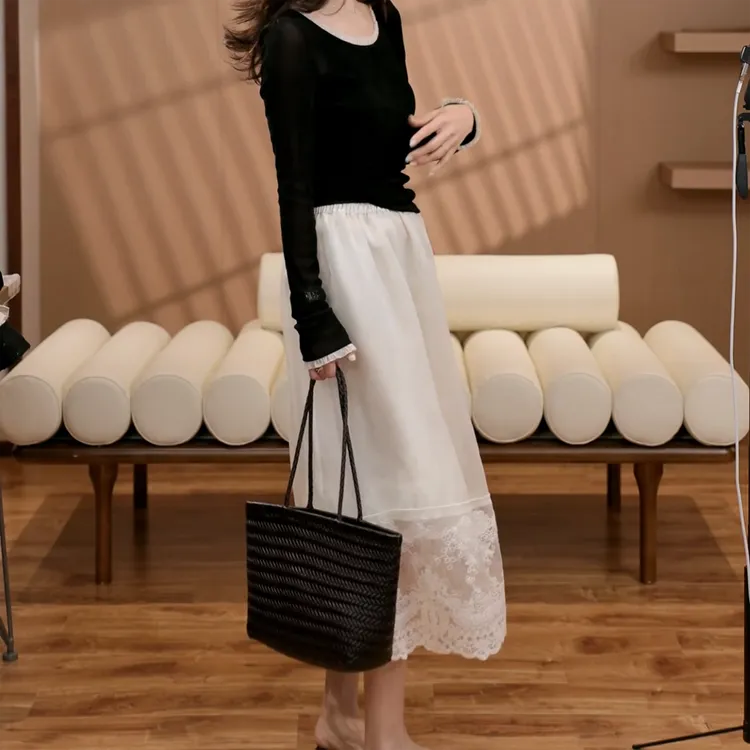 丝绒拼接花边衬衫蕾丝半身裙套装女2025春季新款上衣裙子两件套