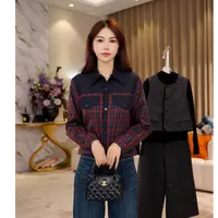 G7226休闲设计感简约翻领长袖衬衫女秋季假两件格子衬衣上衣