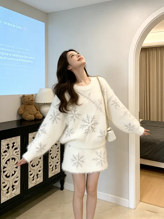 温柔慵懒风雪花针织套装女秋冬甜美百搭毛衣半身裙两件套甜美风