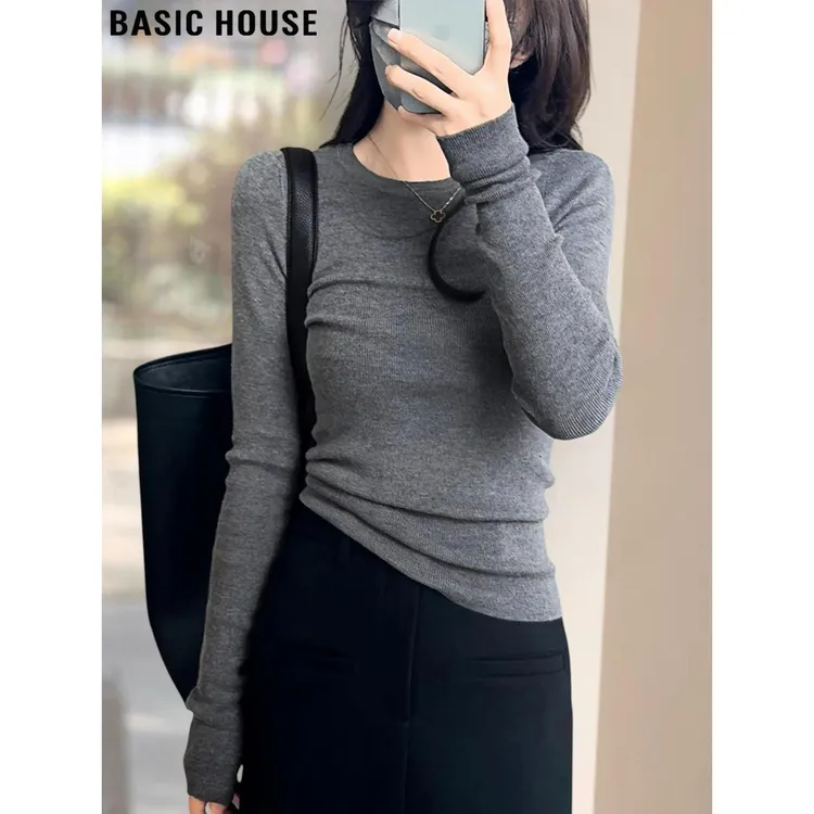 Basic House/百家好时尚灰色圆领长袖针织衫女士2026秋冬修身打底