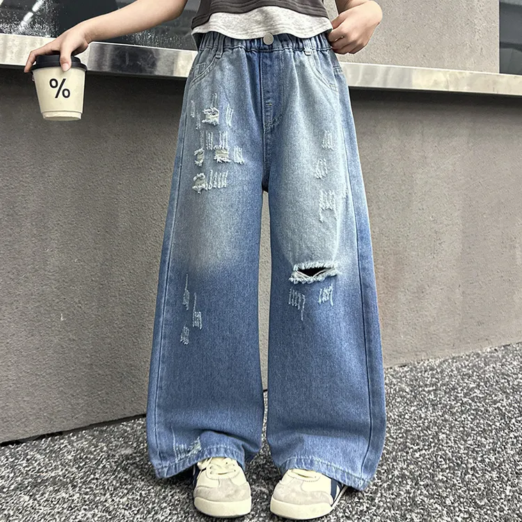 女童牛仔裤薄款夏季2025新款时尚儿童破洞裤8-15岁中大童装阔腿裤