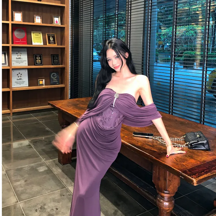 紫色韵味性感抹胸露背连衣裙女露肩修身显瘦包臀收腰小众长裙
