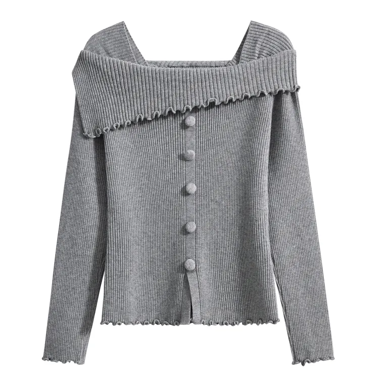 韩系穿搭一字领露肩上衣木耳边针织打底毛衣女内搭上衣I6-39