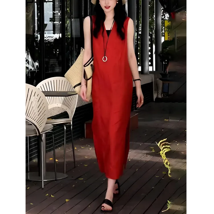 轻奢复古港风无袖背心连衣裙女2025新款夏季独特宽松休闲开叉长裙