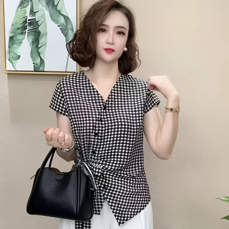女士夏季新款休闲薄款波点时尚简约百搭洋气显瘦小衫设计感T恤