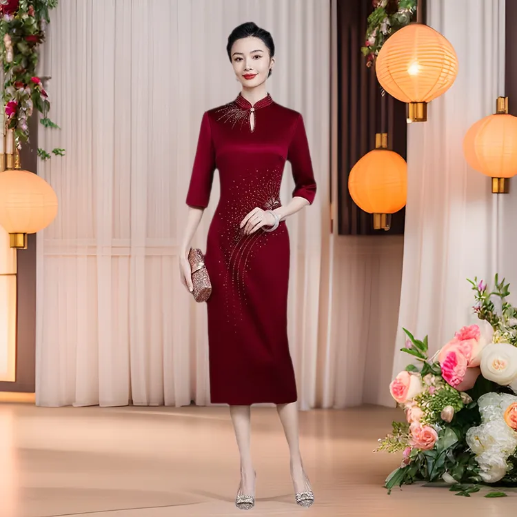 DouNip轻奢婚礼改良旗袍礼服2024春秋新款喜婆婆婚宴装高贵连衣裙