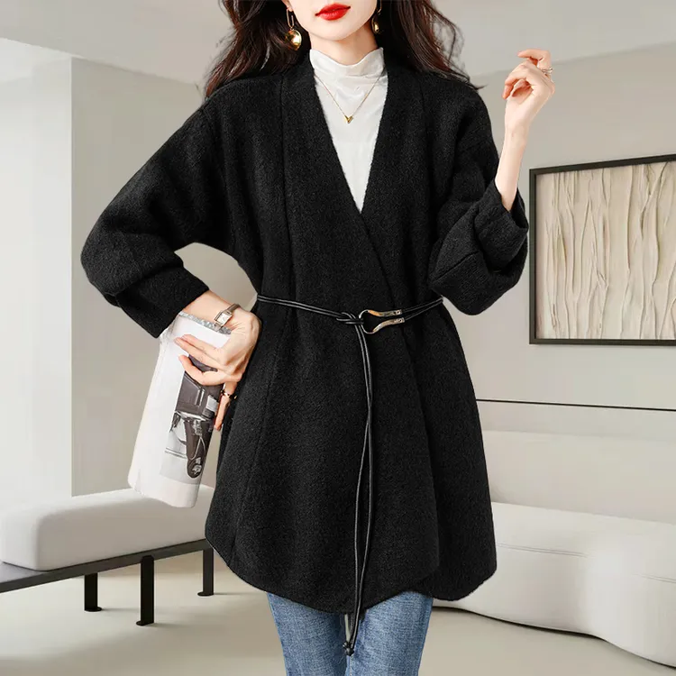 高级感黑色V领加厚毛衣外套女2025秋冬季新款洋气中长款开衫上衣