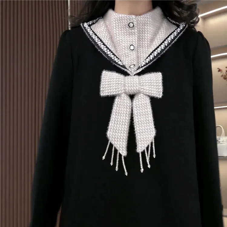 丹思慕大码女装冬季新款假两件减龄显瘦收腰拼接上衣ZSX25A0608