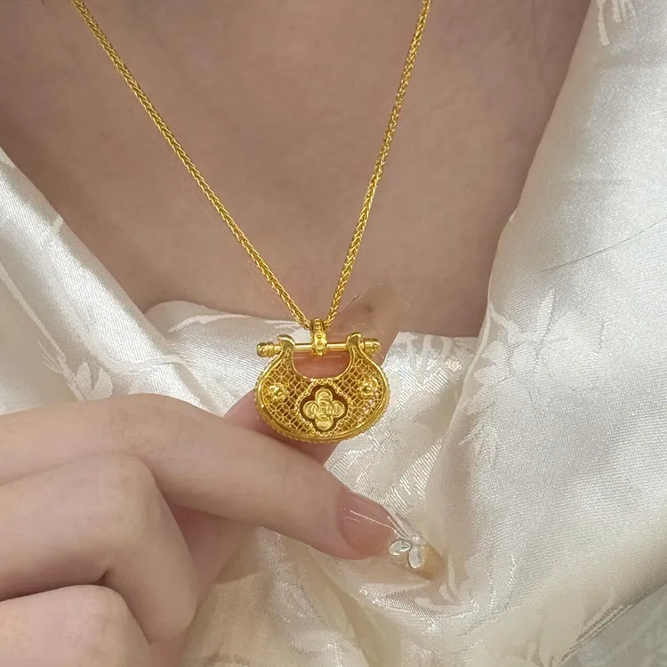 铜合金项链 「有钱花」花丝镂空锁包项链桂花可旋转宫廷风锁骨链款 