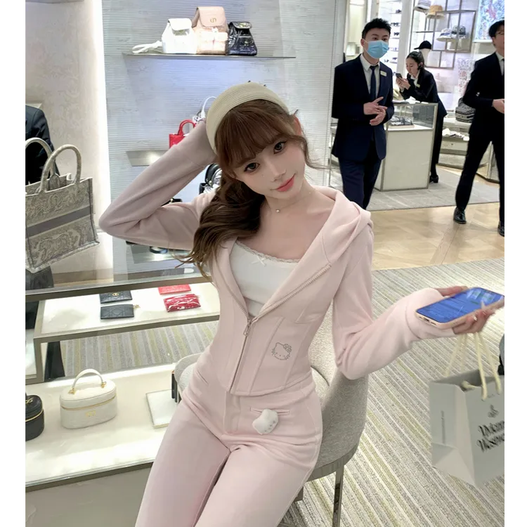 甜心kitty 2025新款甜美时尚通勤修身鱼骨粉色运动休闲套装
