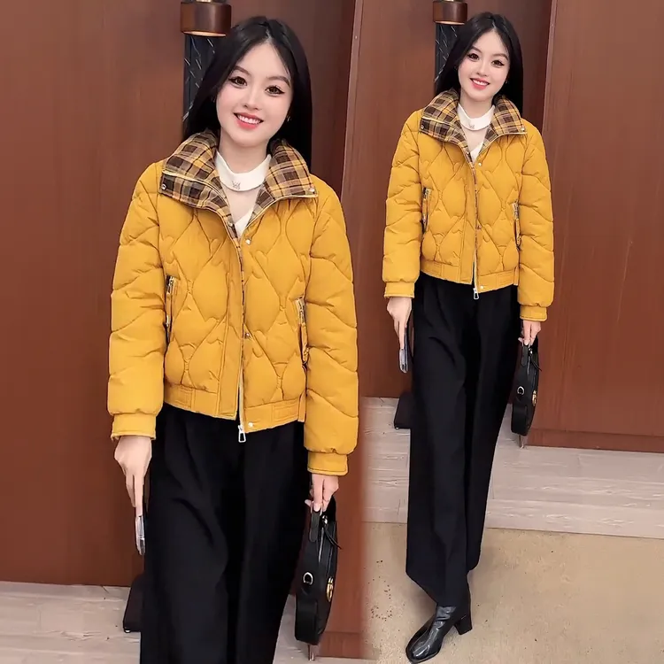 立领格纹拼接棉服女2025冬季新款加厚保暖棉袄宽松显瘦短外套