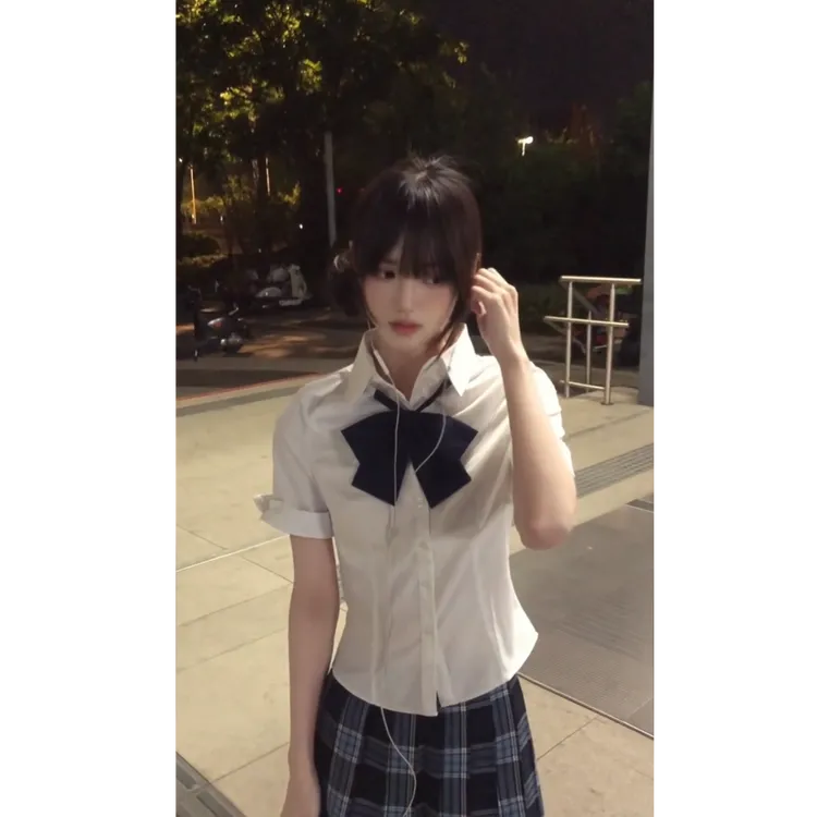 jk格裙半身裙女2025夏季新款制服百褶裙短裙套装蓝雾冰茶两件套