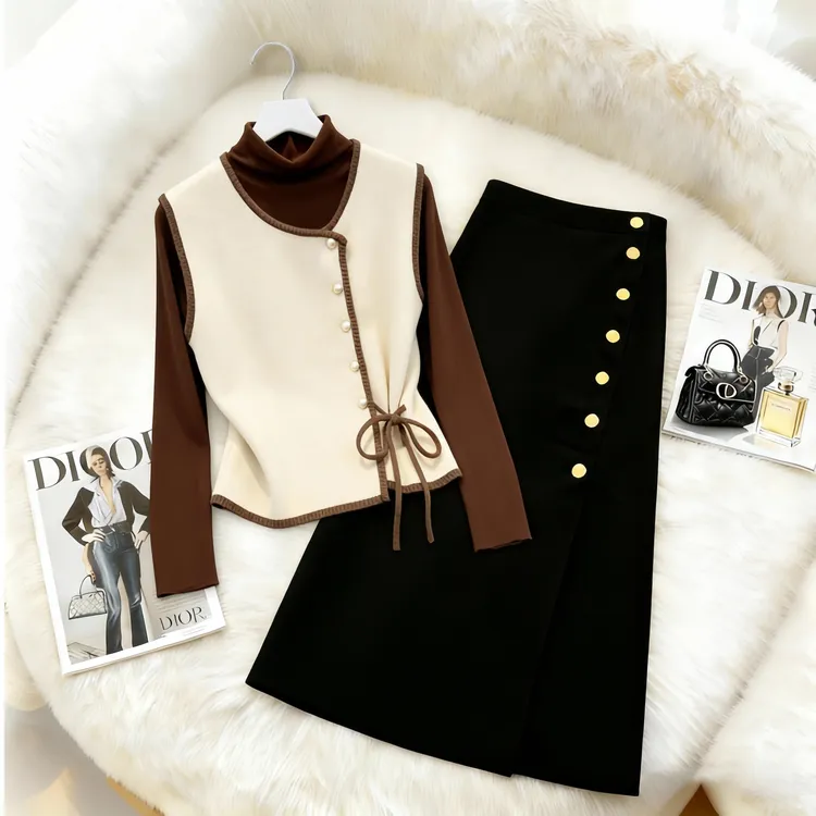 法式复古高端小资时尚气质三件套装显瘦马甲长袖打底衫高腰半身裙