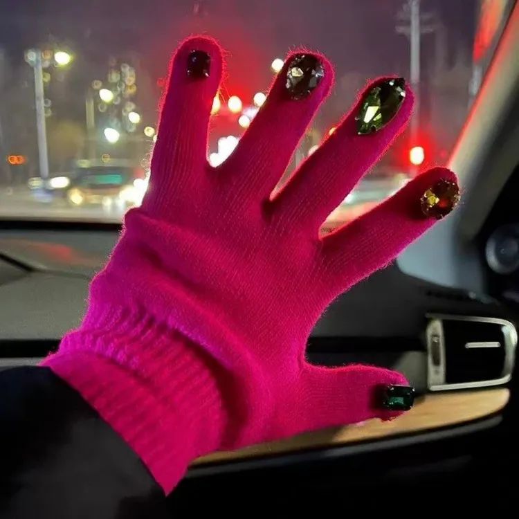 冬季成人ins风个性彩色钻石手套水钻加厚保暖DIY镶钻美甲手套F