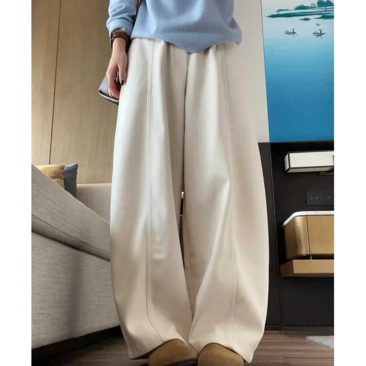 韩系白色毛呢阔腿裤女2025秋冬新款加绒遮胯显瘦宽松直筒休闲裤子