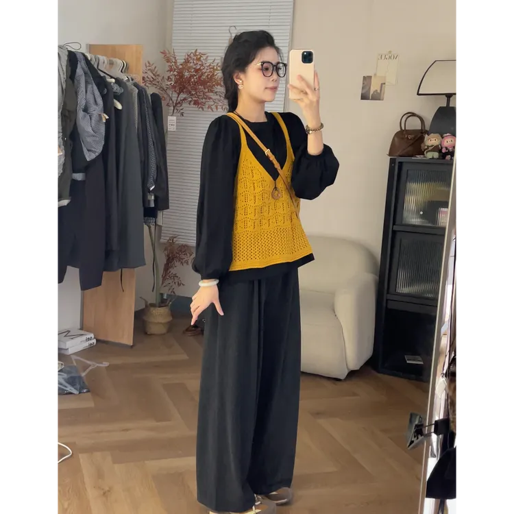 简约时尚圆领长袖t恤镂空针织背心两件套上衣女2025秋季新款女装