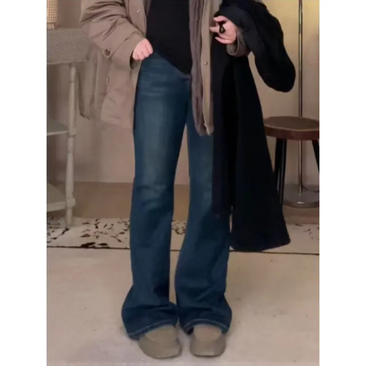 晶咕佳佳【丹宁画报】高光磨白弹力微喇牛仔裤加绒显瘦高腰时尚百搭
