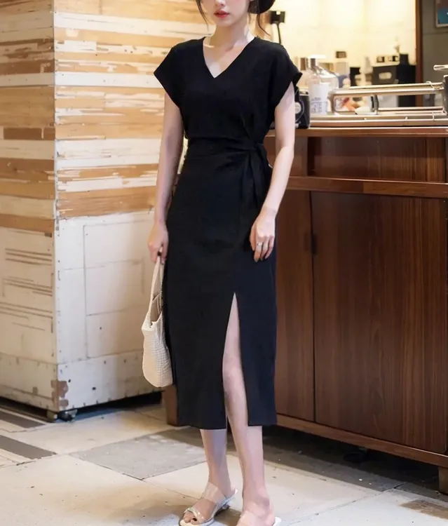 H5008法式开叉小个子连衣裙女夏季新气质收腰显瘦高级感修身长裙
