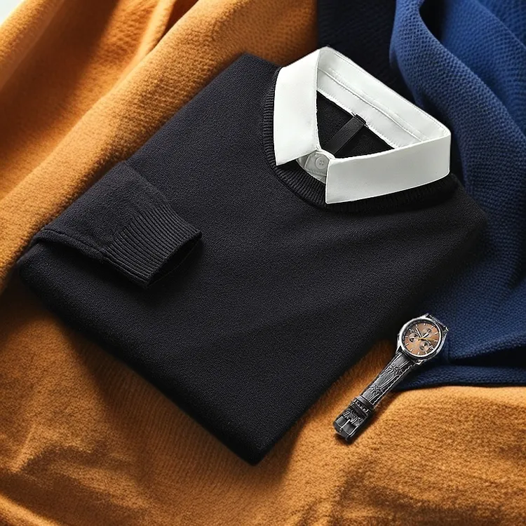 春秋季新款假两件毛衣男士羊毛衫商务高端针织衫轻奢衬衫领线衣潮