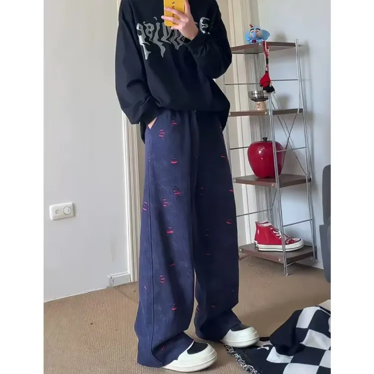 水洗弯刀彩虹破洞直筒卫裤男款秋季美式斜切休闲运动裤裤情侣微喇