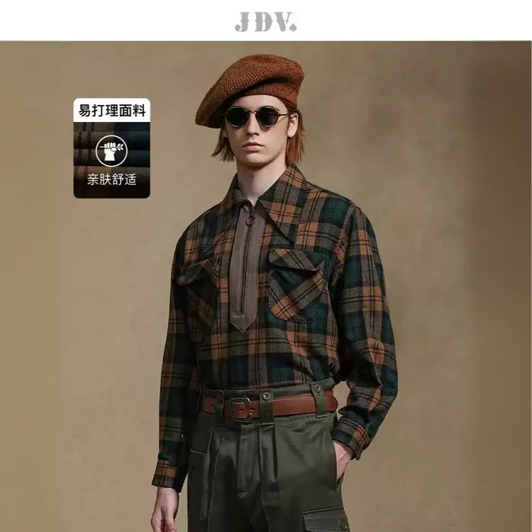 J.D.V2024商场同款秋季新款格纹翻领拉链衬衫男士衬衣上衣WIC4333