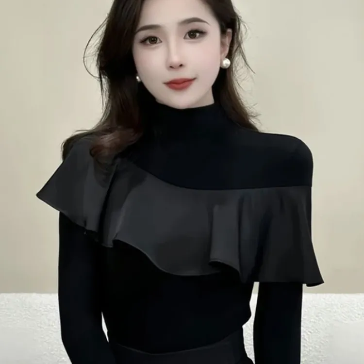 半高领荷叶边拼接2025春季新款长袖T恤女修身显瘦百搭洋气质上衣