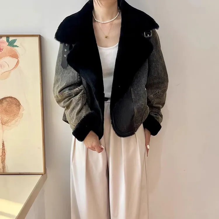 网红洋气炸街女装毛皮草拼接复古牛仔棉服女冬季保暖加绒加厚外套