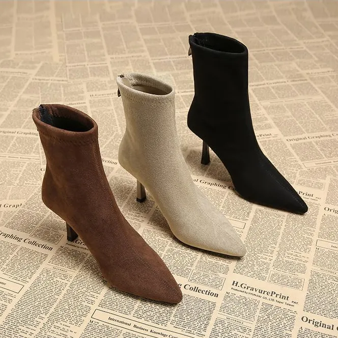 欧货秋冬新款时尚百搭绒面拉链女靴细跟短筒高跟单鞋尖头短靴女