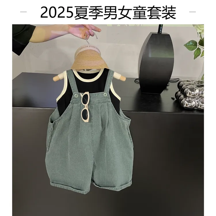2025夏季新款男童女童韩版纯色休闲背心牛仔七分背带裤女童洋气