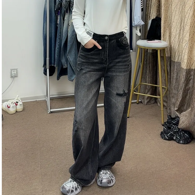 【狗蛋妈】秋冬季烟灰色弯刀裤简约高级时尚阔版牛仔裤收裤脚126