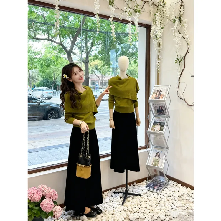 韩系一整套深冬穿搭绿色披肩毛衣女长裙半身裙两件套独特漂亮套装