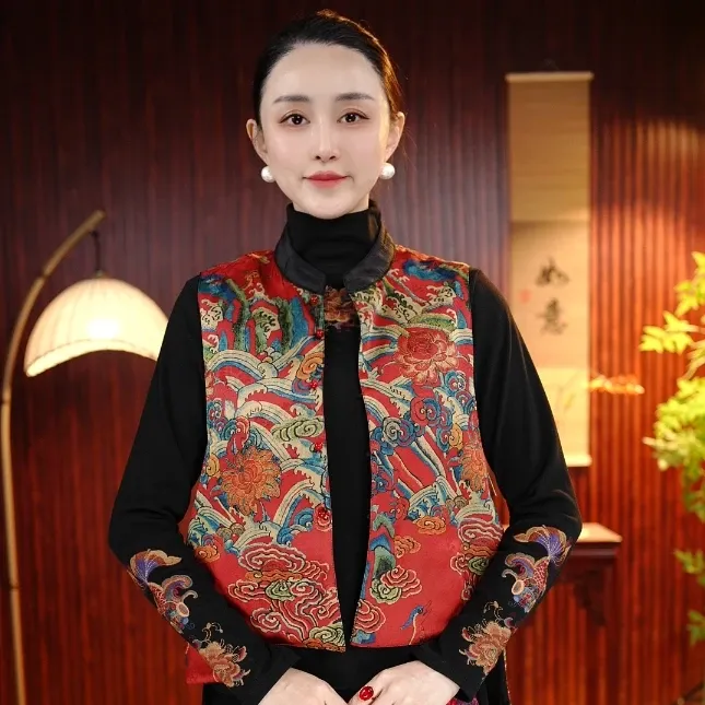 迎春柒夫人高定新中式红色海浪马甲