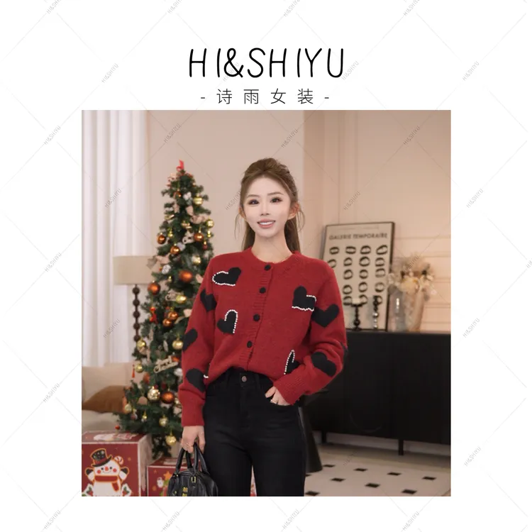 HISHIYU【甜心可可】甜美爱心钉珠针织开衫红色羊绒毛衣秋冬
