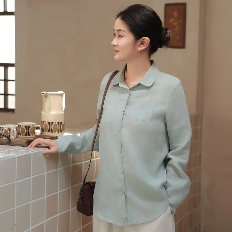 汉麻雨露麻麻青条开门襟长袖宽松衬衫女防晒衣薄款FSY50551