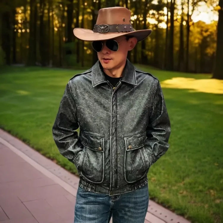 石磨做旧头层牛皮飞行服男款外套重工水洗真皮皮衣时尚经典痞帅潮