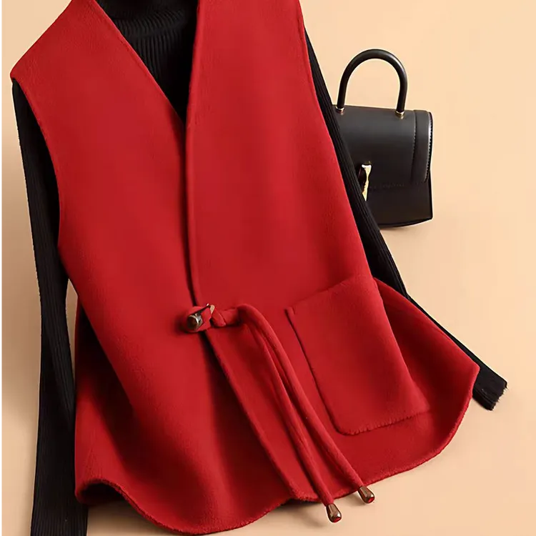 新中式短款马甲毛呢外套女2025秋冬季国风红色呢子马夹