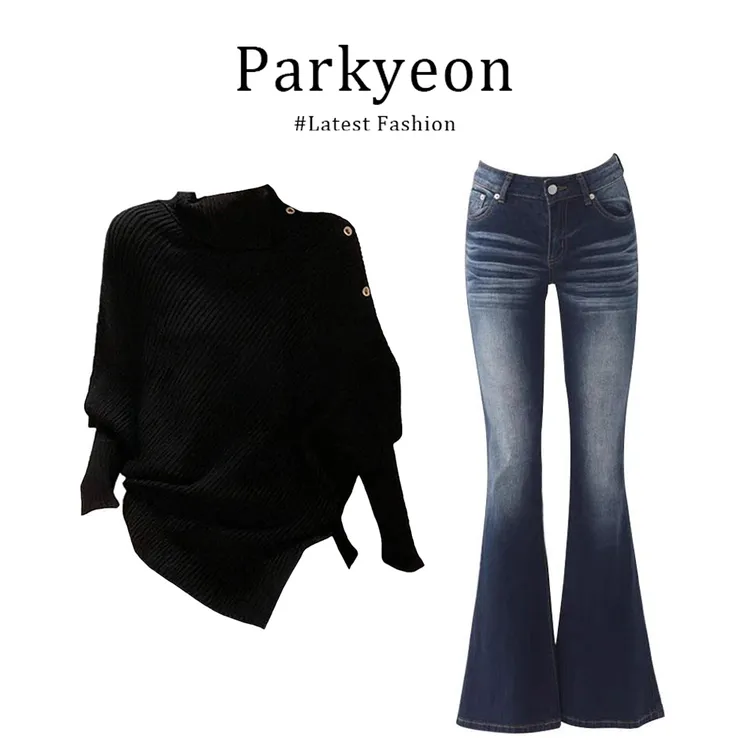 INS CEC古早感不规则黑色高领蝙蝠袖针织衫微喇牛仔裤时尚套装