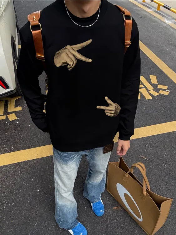 【重磅纯棉】春秋新款潮流打底衫休闲黑色百搭圆领印花ins男长袖T恤