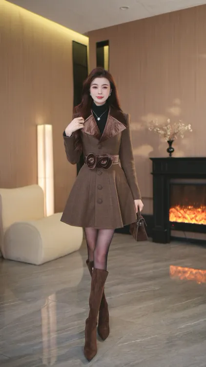 罗曼定制  原创设计冬季时尚显瘦毛呢外套拼接长袖短款英伦风